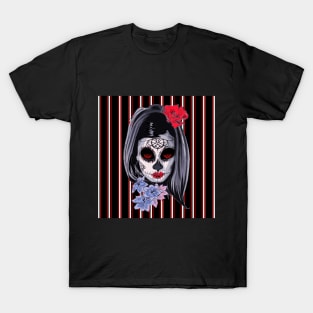 Red White and Black Striped Graphic & makeup mask,floral,flower skull T-Shirt